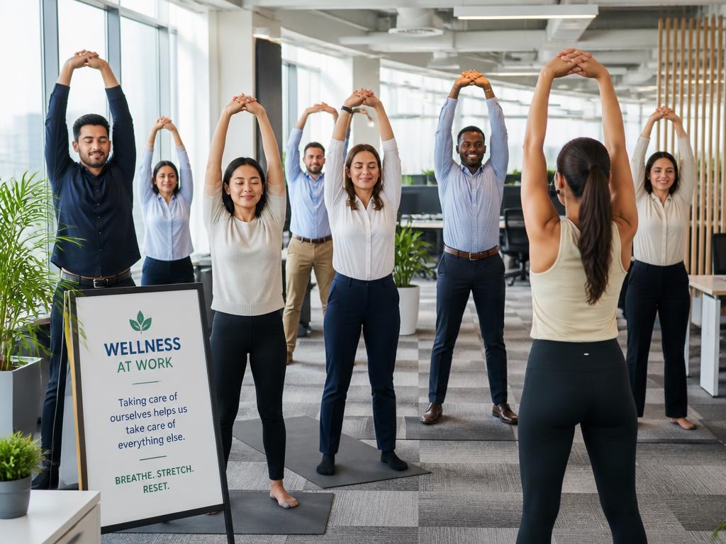 Corporate wellness stretching session in a modern office