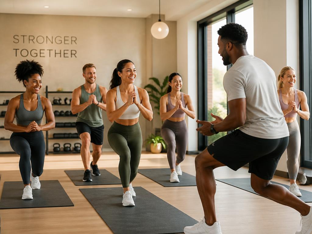 Energetic group fitness class in a modern studio