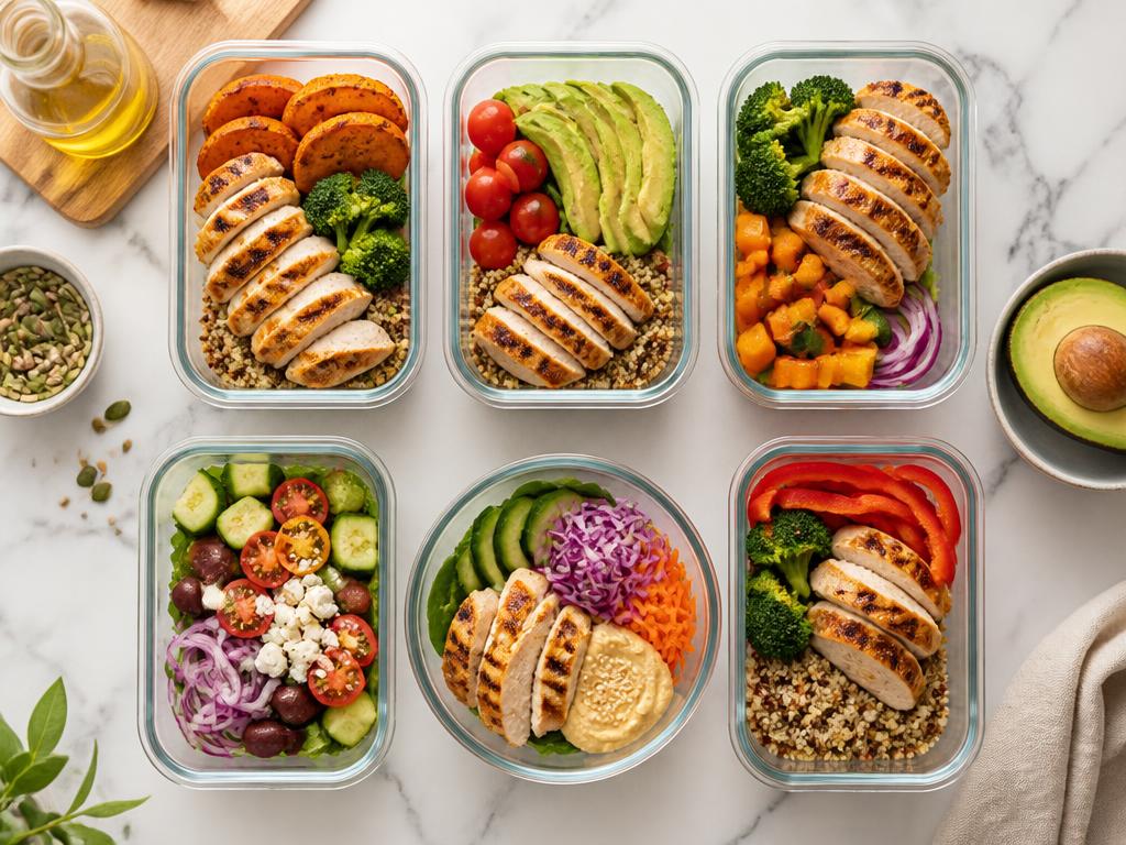 Colorful healthy meal prep containers with chicken and vegetables